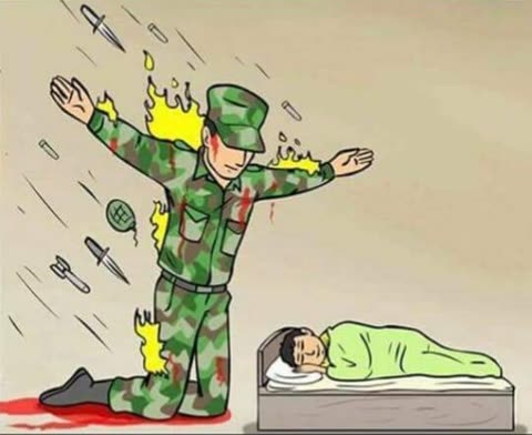 Soldier protecting sleeping child meme template